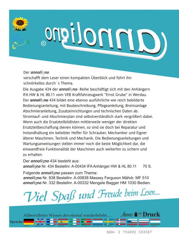 IFA VEB Fahrzeugwerk Ernst Grube Werdau Anhänger Typen HW & HL 80.11 Bild Bedienungsanleitung & Wartungsanleitung - annoligno 434